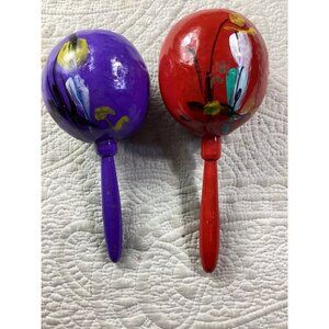 Hand-Painted Wood Maracas Pair With Floral Design*EUC